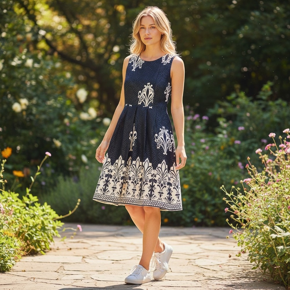New York & Company Navy Blue White Damask Fit Flare Dressβ Stretch Large L